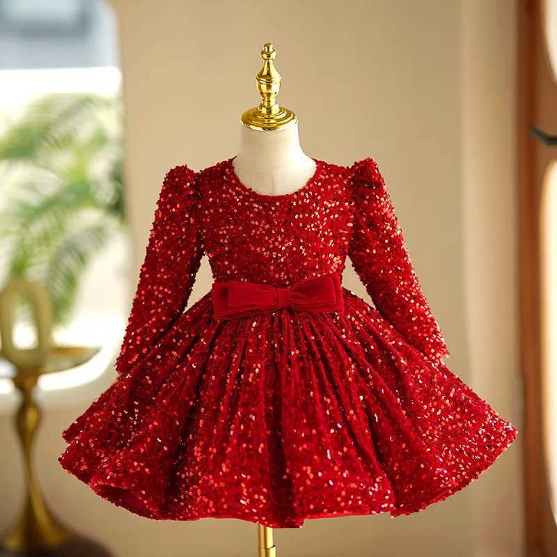 Long Sleeve Fashion Red Princess Ball Gown For Girls Sequins Bow Design Birthday Par Wedding Dress g170XJ241206