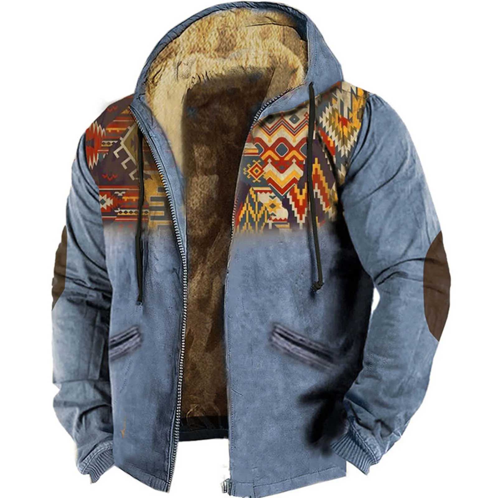 Winter Mens Vintage Lamb Wool Jacket Fashion Retro Print Hooded Zipper Fleece Lined Hoodie Outwears Warm Plush Bomber JacketXJ241206