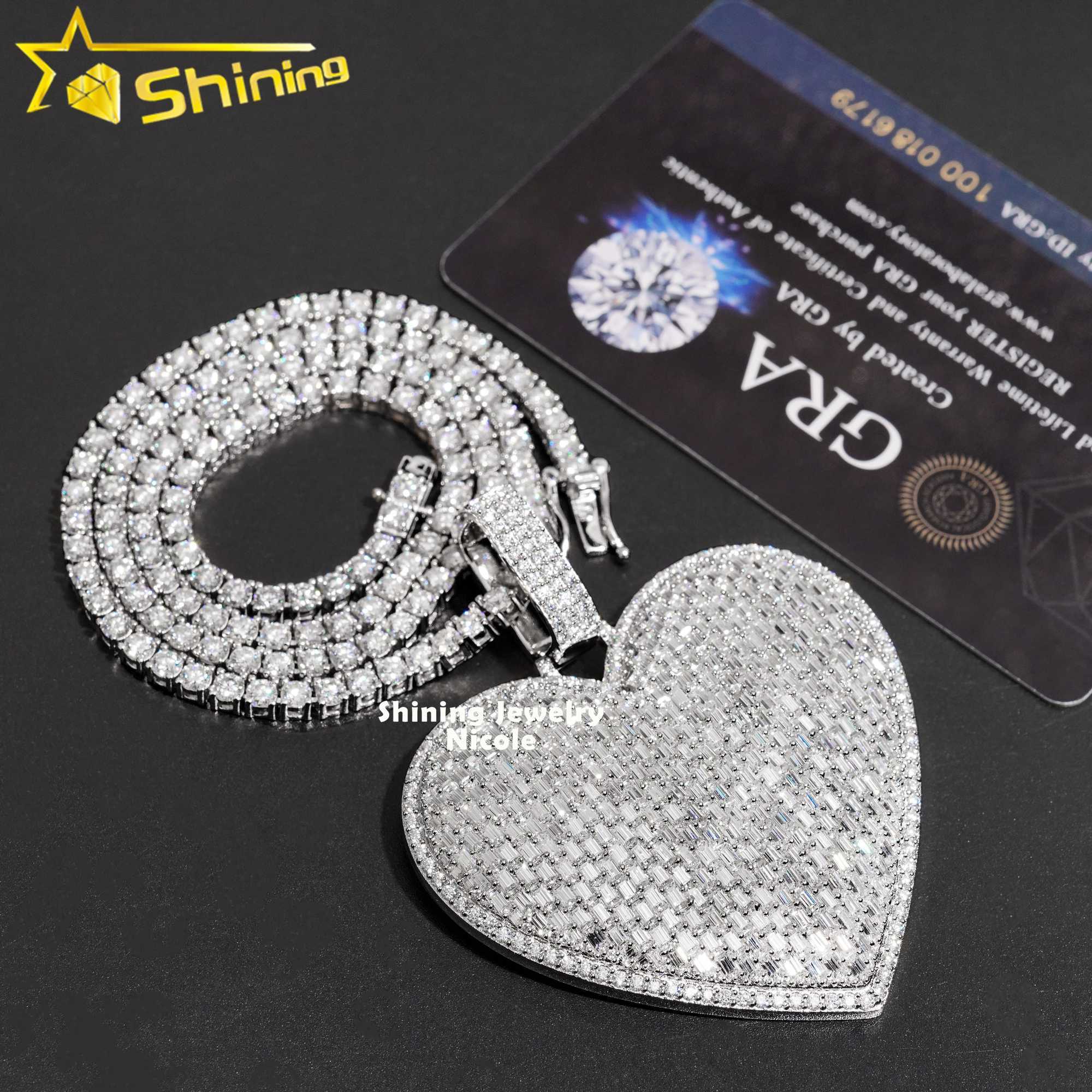 Luxury Big Heart Fully Iced Out Baguette Diamond Silver 925 Custom Moissanite Hip Hop Pendant