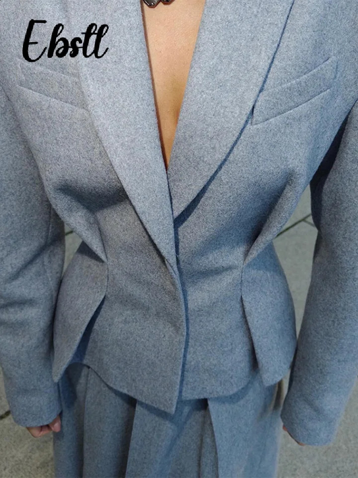 Elegant Woolen Coat Skirts Set Women Grey Lapel Hidden Buckle Blazers Pleated Skirt 2024 Autumn Winter Lady Office Outfits 241205