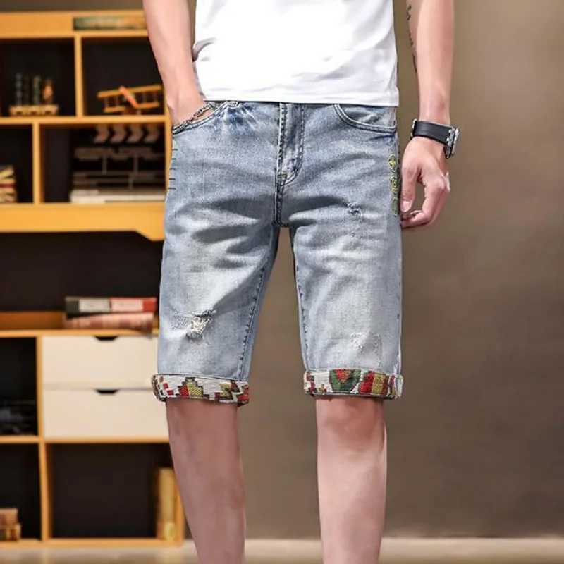 Multi Color Male Denim Shorts Graphic Stretch Blue New In Thin Mens Short Jeans Pants Baggy Streetwear Wide Jorts Y2k DesignerXJ241206