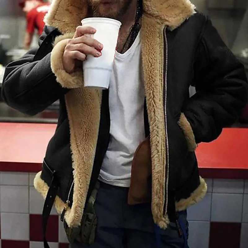 Mens Winter Thicken Lamb Wool Jacket Fashion Charming Lapel Windproof Motorcycle Leather Jacket Casual High Quality Warm CoatXJ241206