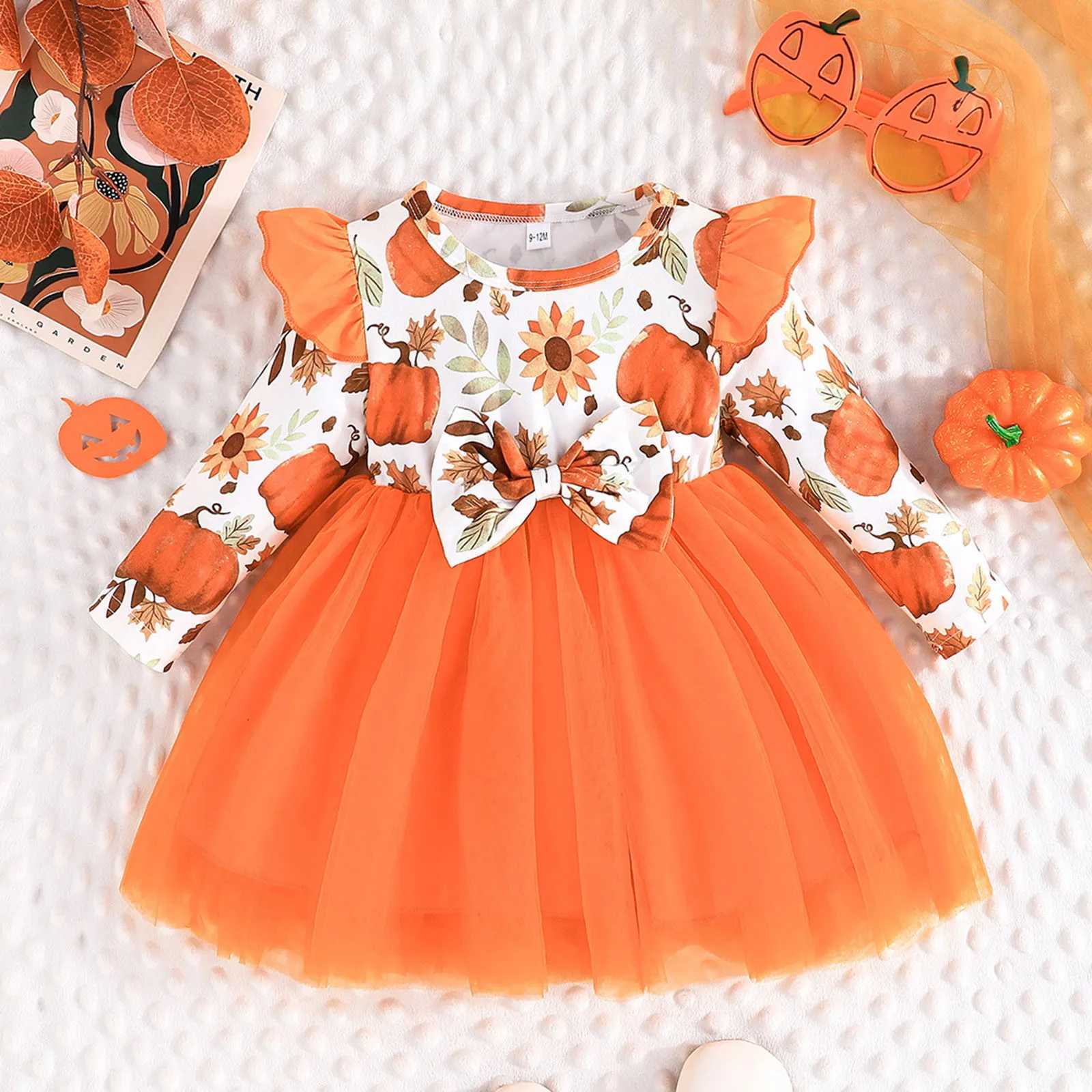 2024 Fashion Dress Kids Girls Long Sleeve Halloween Pumpkin Prints Tulle Princess Dress Sweet Girls Clothes Dress Size 1-4yearsXJ241206