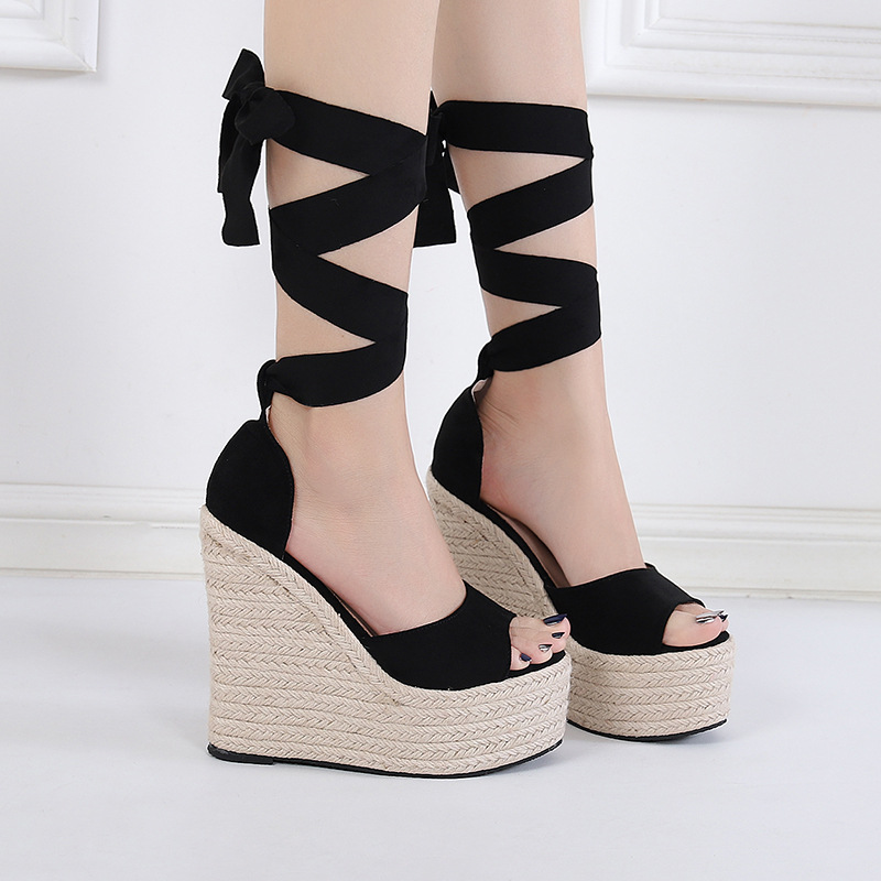 Summer Fashion Print Ankle Tie Wedge Yellow Multicolors Braided Weave Platform Wedged Heels Sandals Shoes For Women Summer