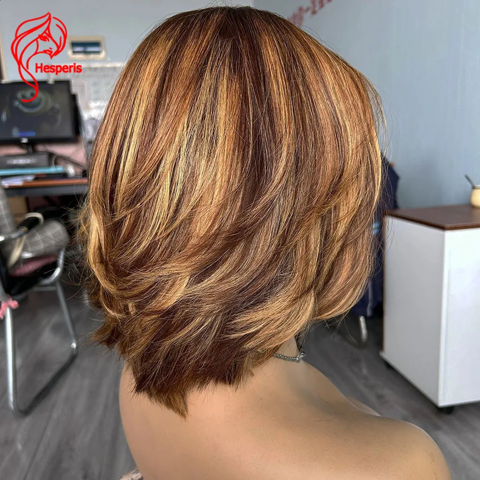 Hesperids Honey Blonde Highlight Full Machine Wig Human Hair Brazilian Remy Short Bob Scissors Wig Strap Hairband Hairpin Scalp Top Ombre 241206