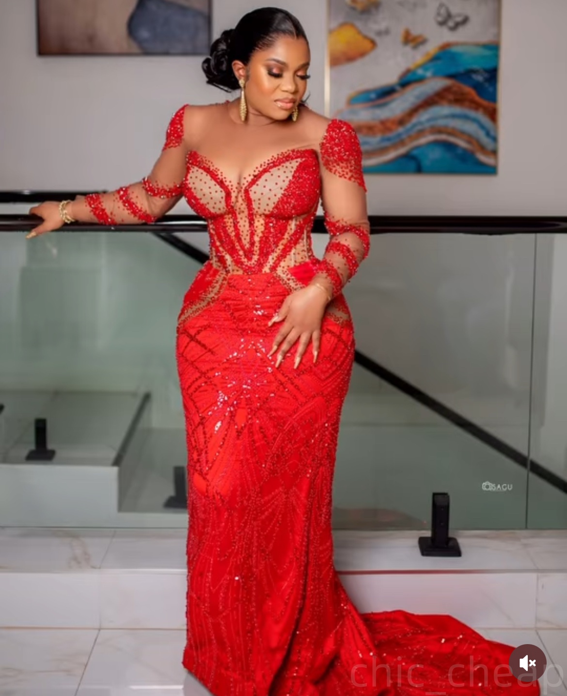Red Illusion Mermaid Prom Dresses 2025 Beaded Sequined Full Sleeves Evening Formal Party Second Birthday Engagement Gowns Plus Size Dress For Special 