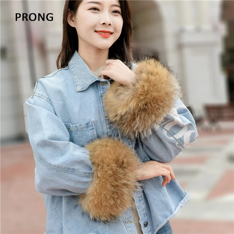 Real raccoon fur cuffs arms warm hands womens bracelets natural fur wristbands gloves sweaters jackets plush cuffs warm hands in winter 241206