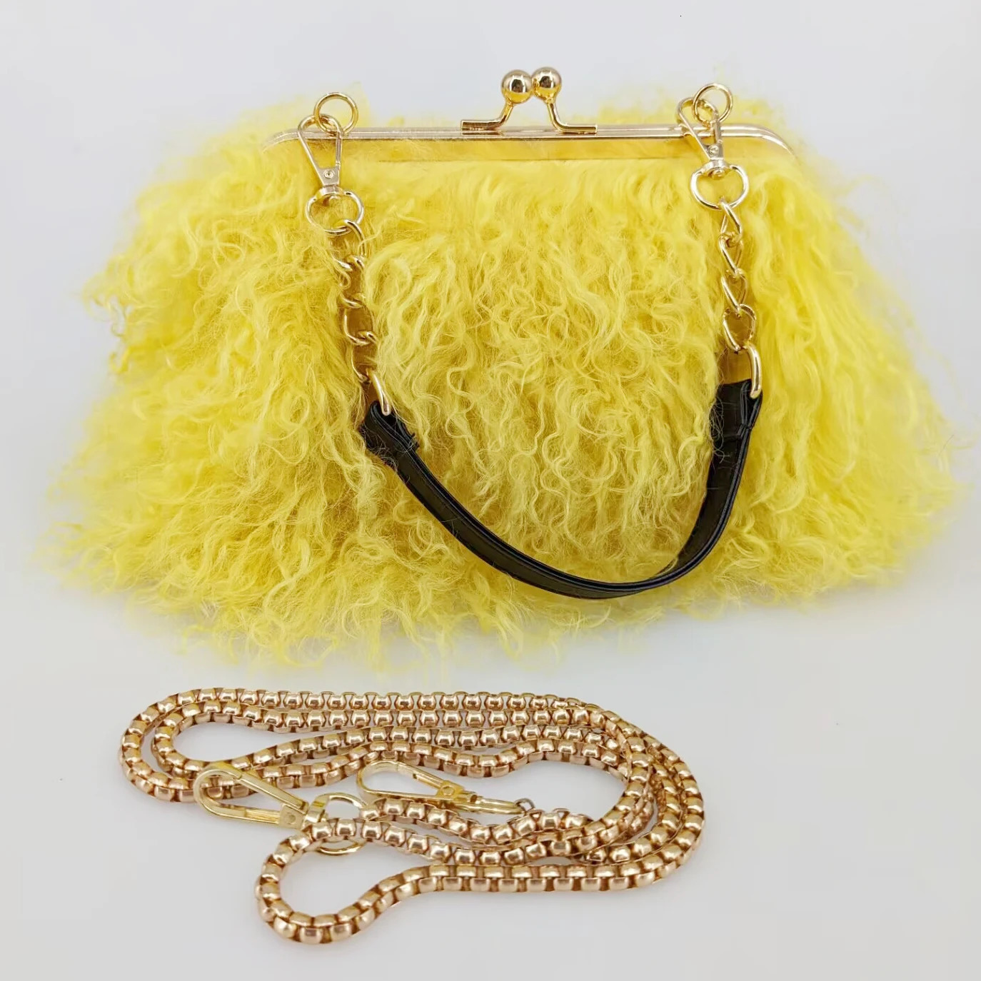 real Long Fur Wool handBag Women Mongolian Sheep Fur Bag Beach Wool Fur One Shoulder bag 241206