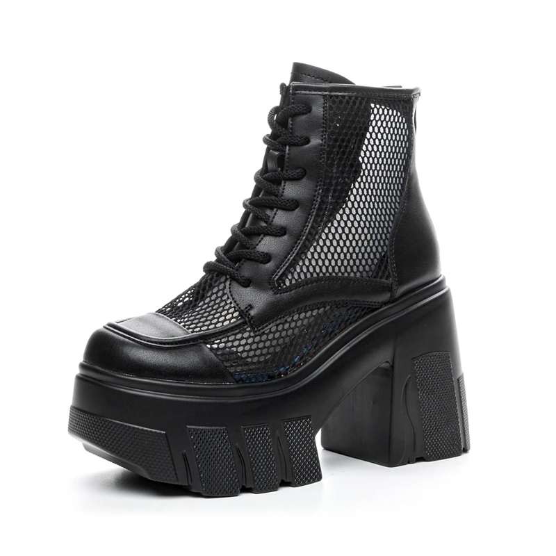 AIYUQI Summer Boots Female Genuine Leather Mesh Women Shoes Boots 11cm Height Platform High Heel Cool Boots Women
