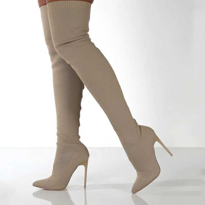 High Quality Wen Autumn Over The Knee Boots Stiletto High Heels Elastic Knitted Tube Shoes Beige Black Sexy Bota Fnina 20 T241206