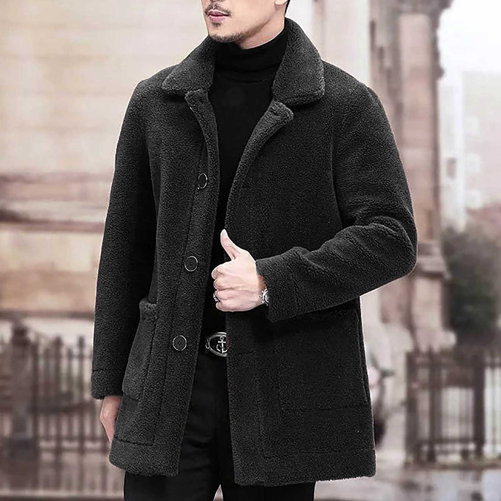 Mens Solid Color Casual Jacket 2024 Winter New Fashionable Lapel Short Anti Cold Coat Imitation Fur Lamb Wool Thick Coat XJ241206