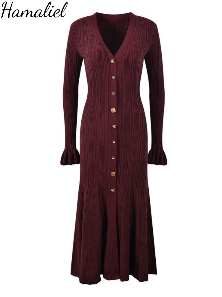 Autumn Winter Shine Knitted Dresse Chic V Neck Single Breasted Flared Sleeve Ruffles Hem Thicken Sweater Robes Vestidos 241205
