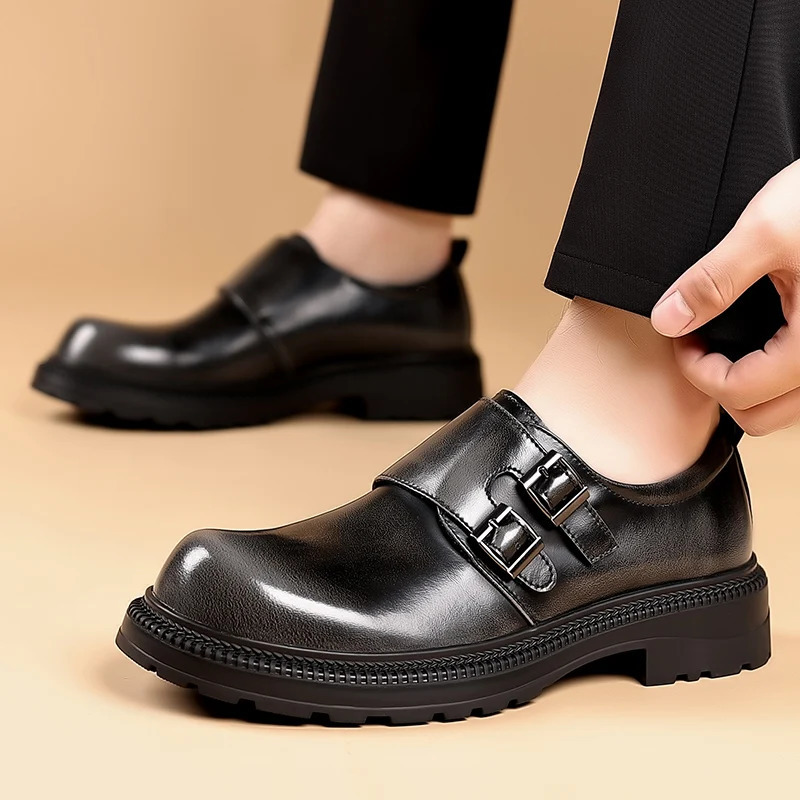Retro Autumn Mens Polished Big Toe Leather Shoes Fashionable Buckle Comfortable Thick Soled Casual Shoes Mens Trendy Shoes 241206