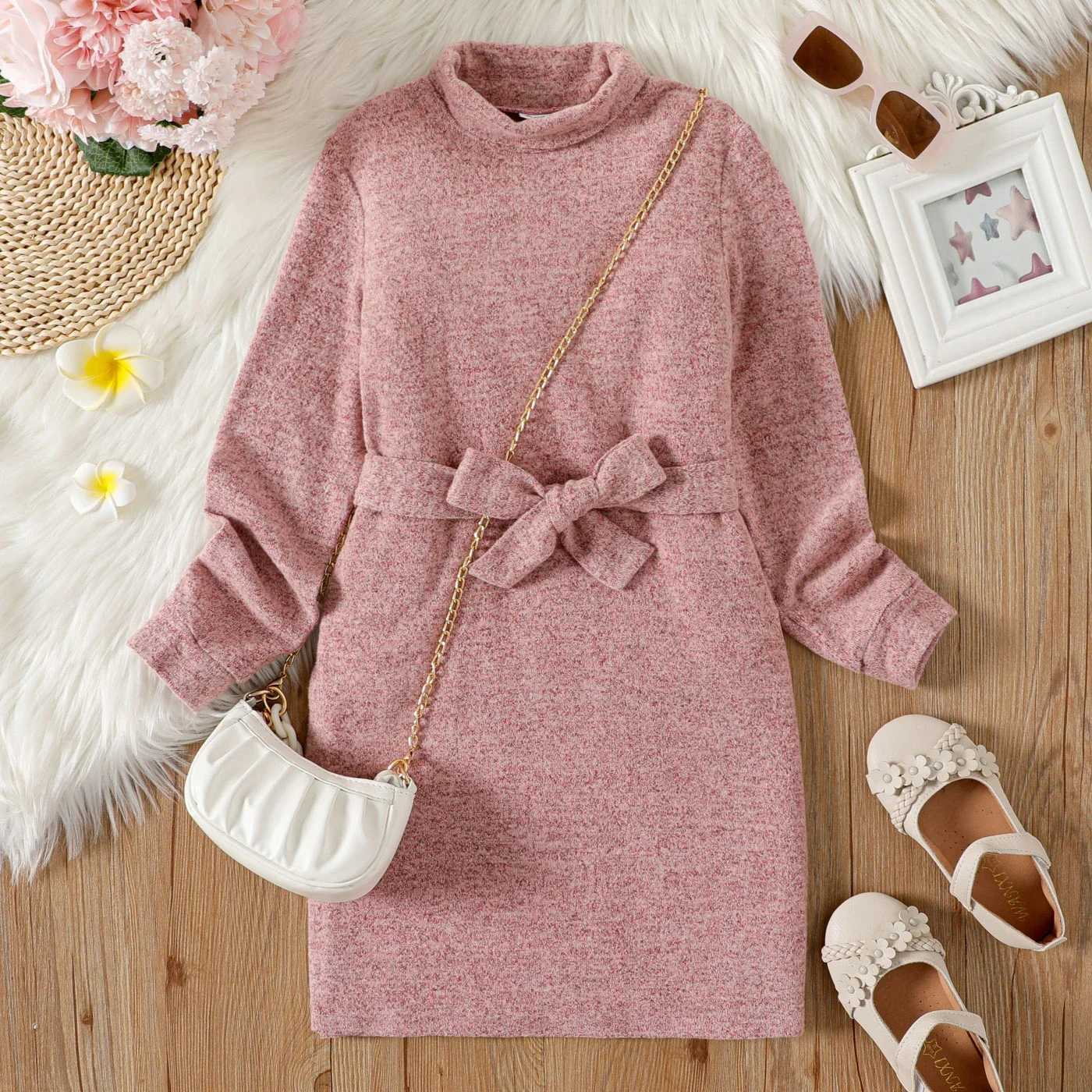Kid Girl Solid Color Turtleneck Belted Long-sleeve Dress (Bag is not included) Perfect for Outings and Daily WearXJ241206