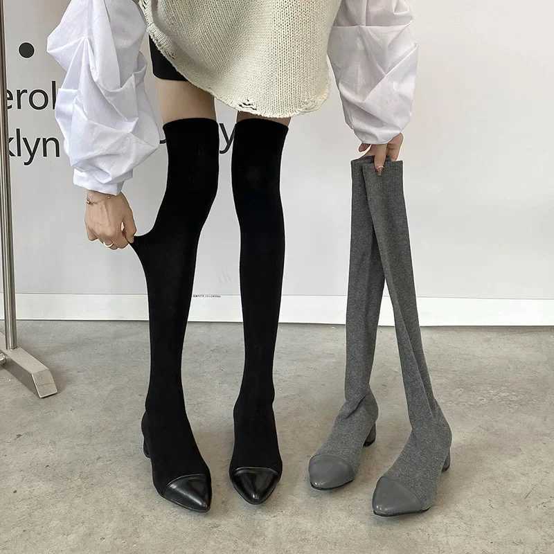 High Quality Warm Knee High Socks Boots High H Black Velvet Wedge H Wanjie Boots Winter Thick Ultra Thin Botas Unprinted Good Product T241206