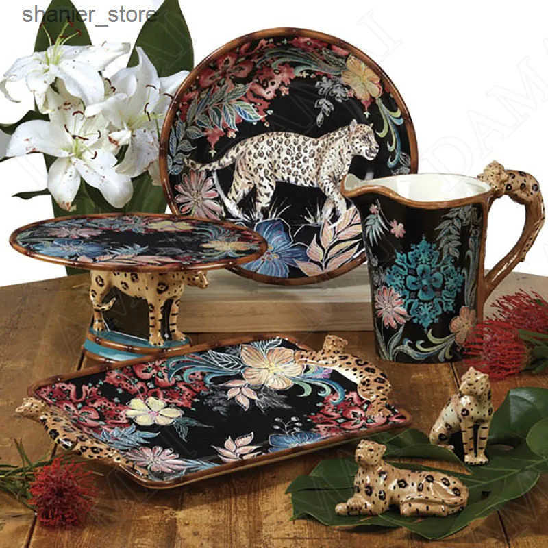 Dishes Plates Creative Ceramic Board Paint Jungle Leopard Fruit Salad Plate Living Room Double Ear Fruit Plate European Kitchen Dining Table L240910