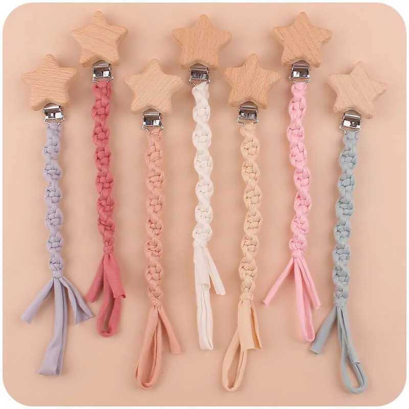 Pacifier Holders Clips# Baby Beech Wood Pentagram Pacifier Clip Handmade Woven Cotton Soother Nipple Chain For Baby Nursing Teether Chewing Toys Gift 