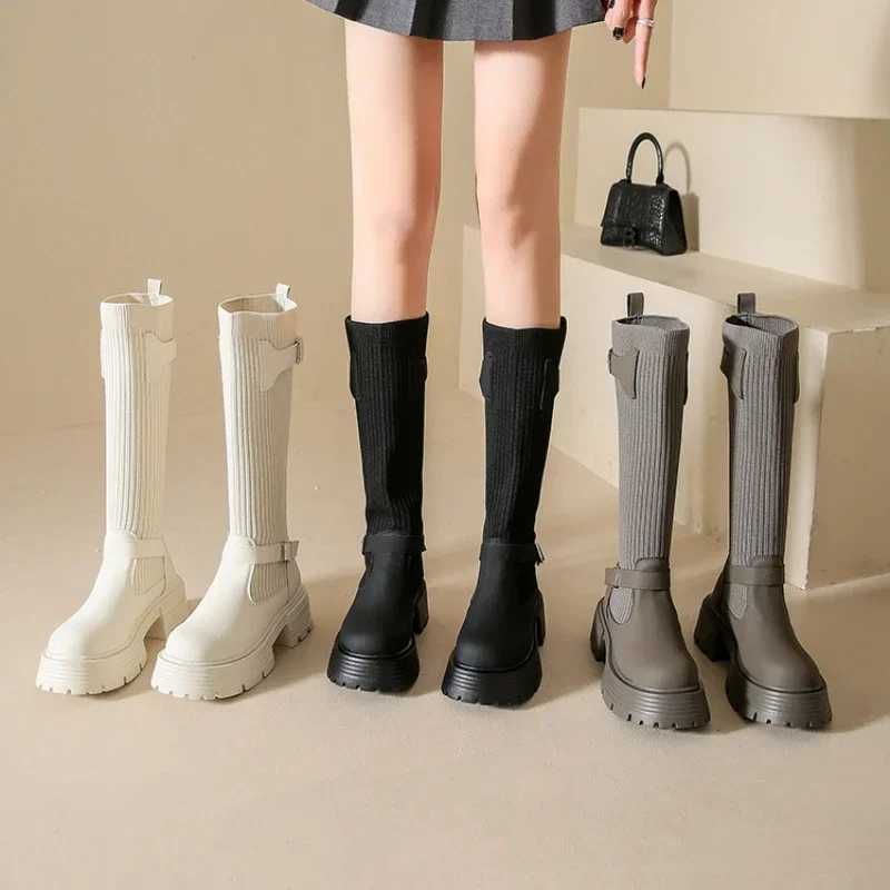 High Quality Lg boots Warm knit elastic thick sole warm high knee elegant and warm shoes T241206
