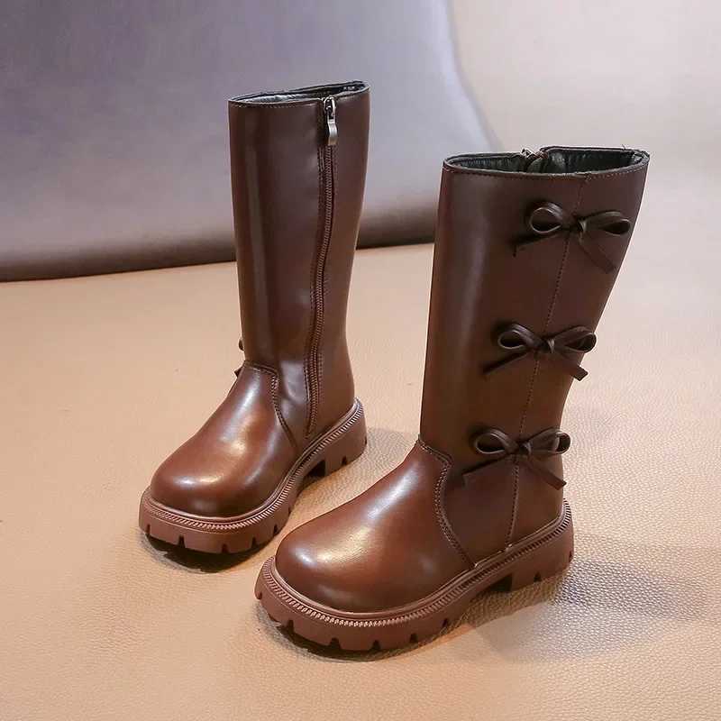 Girls Mid-Calf Boots Solid Color Versatile Children Long Boots with Bows 2024 Autumn New Fashion Princess Boots with Side ZipperXJ241206