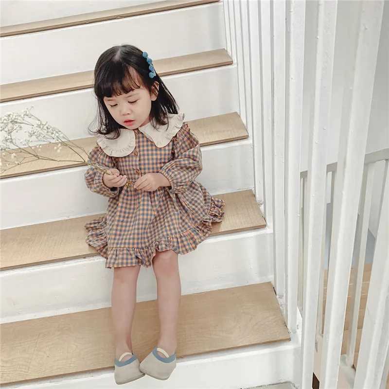 Spring Summer Girls Clothing Cute Children Dresses Kids Baby Girl Plaid Cotton Linen Lapel Collar Dress Long Sleeve SkirtXJ241206