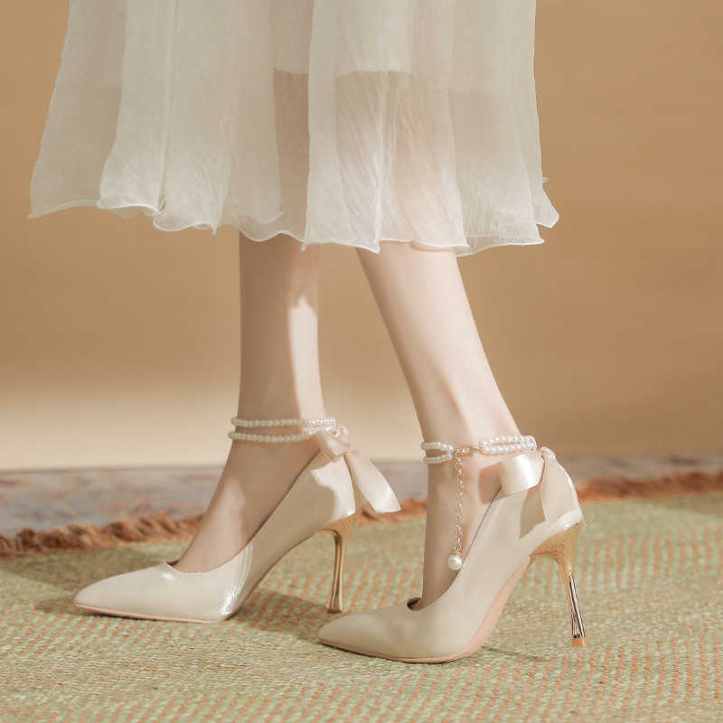 Heart Orchid New Ribbon Pearl Strap Pointed Narrow Heel High Heels Womens Versatile Commuting Sweet Series Large Size