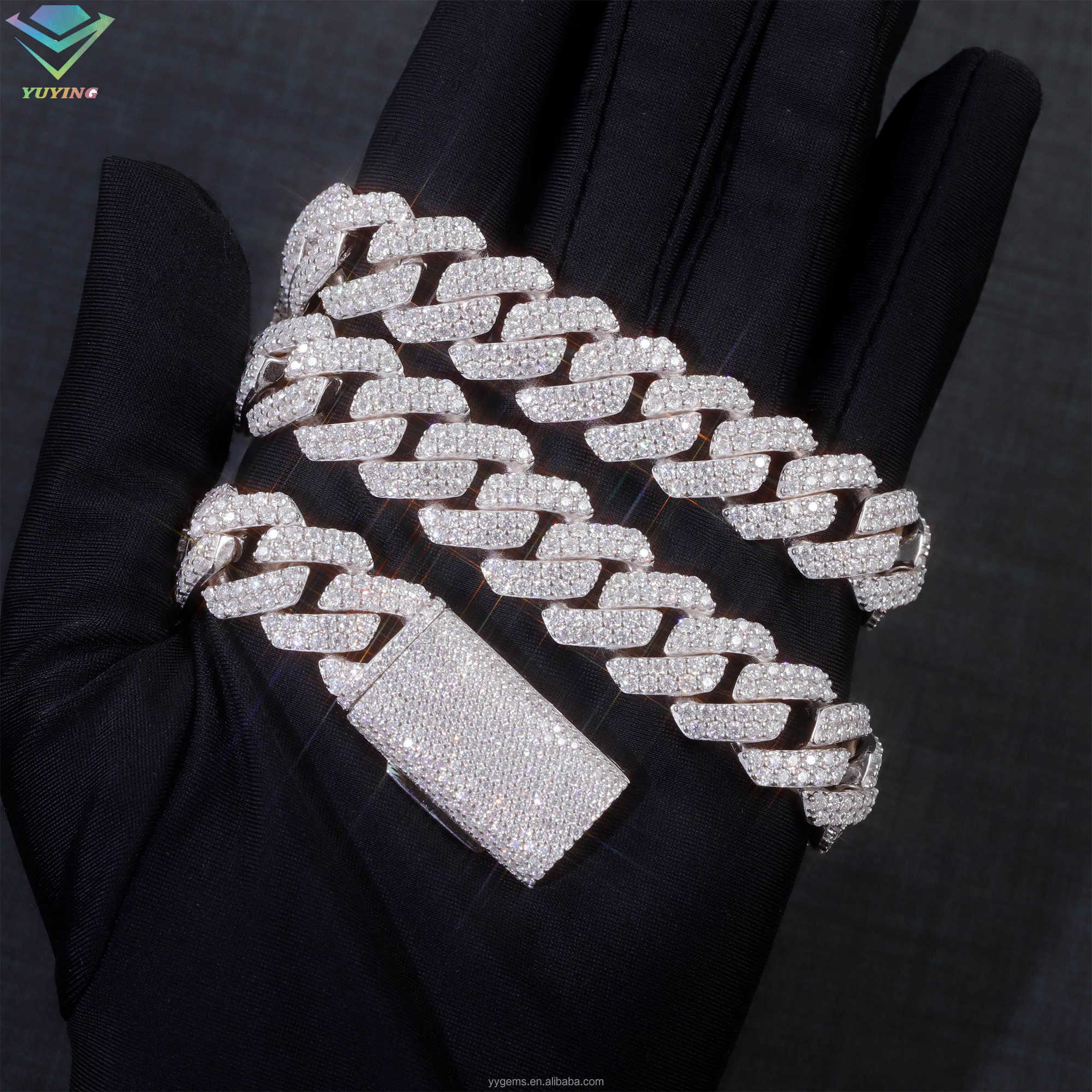 Hot Sale VVS Mossanite Cuban Chain Jewelry 2rows 15mm Wide 925 Solid Silver iced out Diamond Cuban Link Chain Hip Hop Necklace