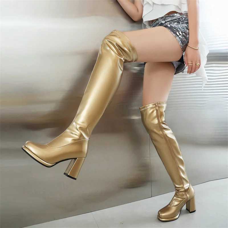 High Quality Eegant Over The Knee High Boots Wen Sexy Block Heel Party Dance Winter Shoes Women Sier Gold Thigh High Boot Big Size T241206