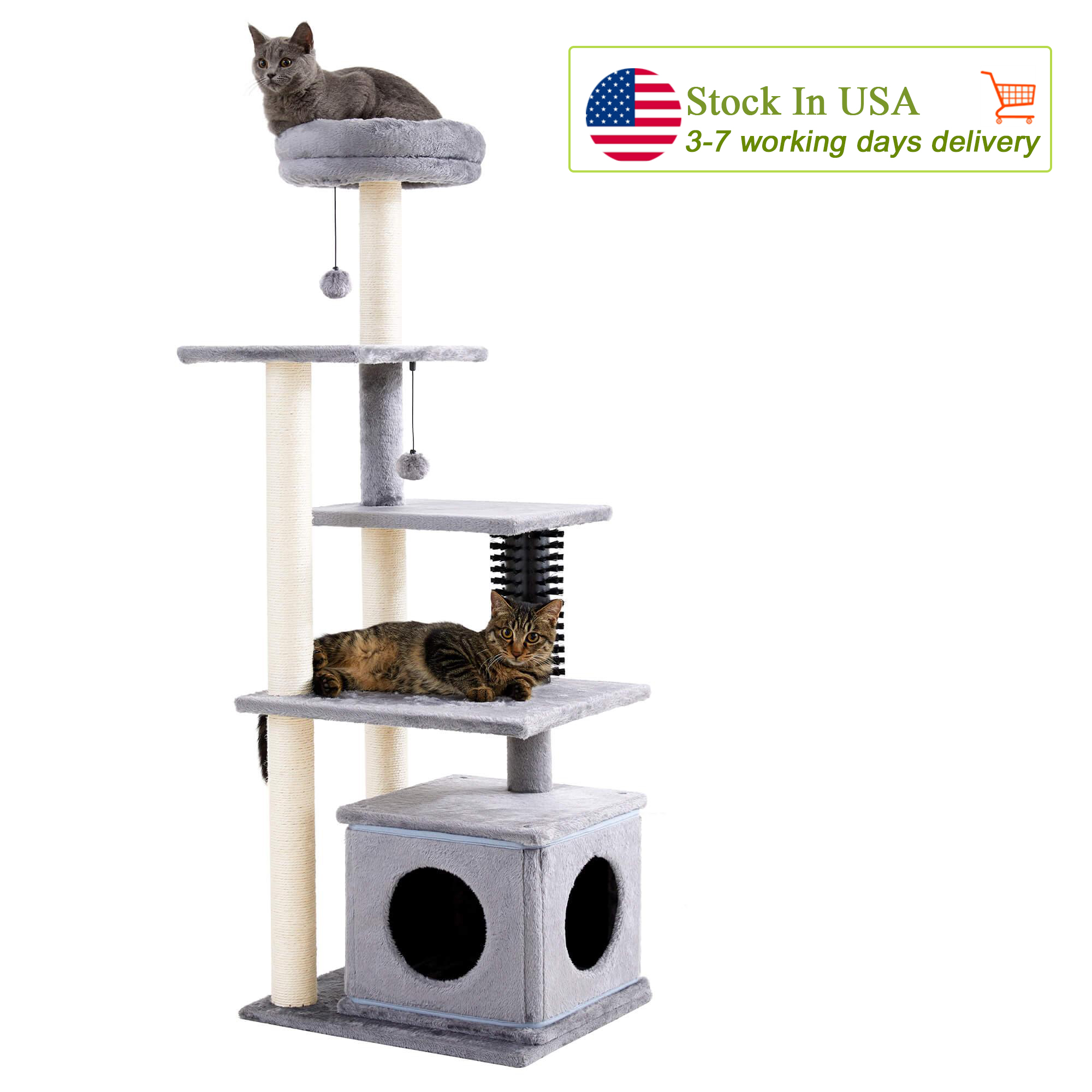 Made4Pets Cat Tree, 52.4" Tall Indoor , Multi-Level Large Cat Condo with Scratching Posts and Pompoms, Plush Kitten Climbing Tower with Cat Groom