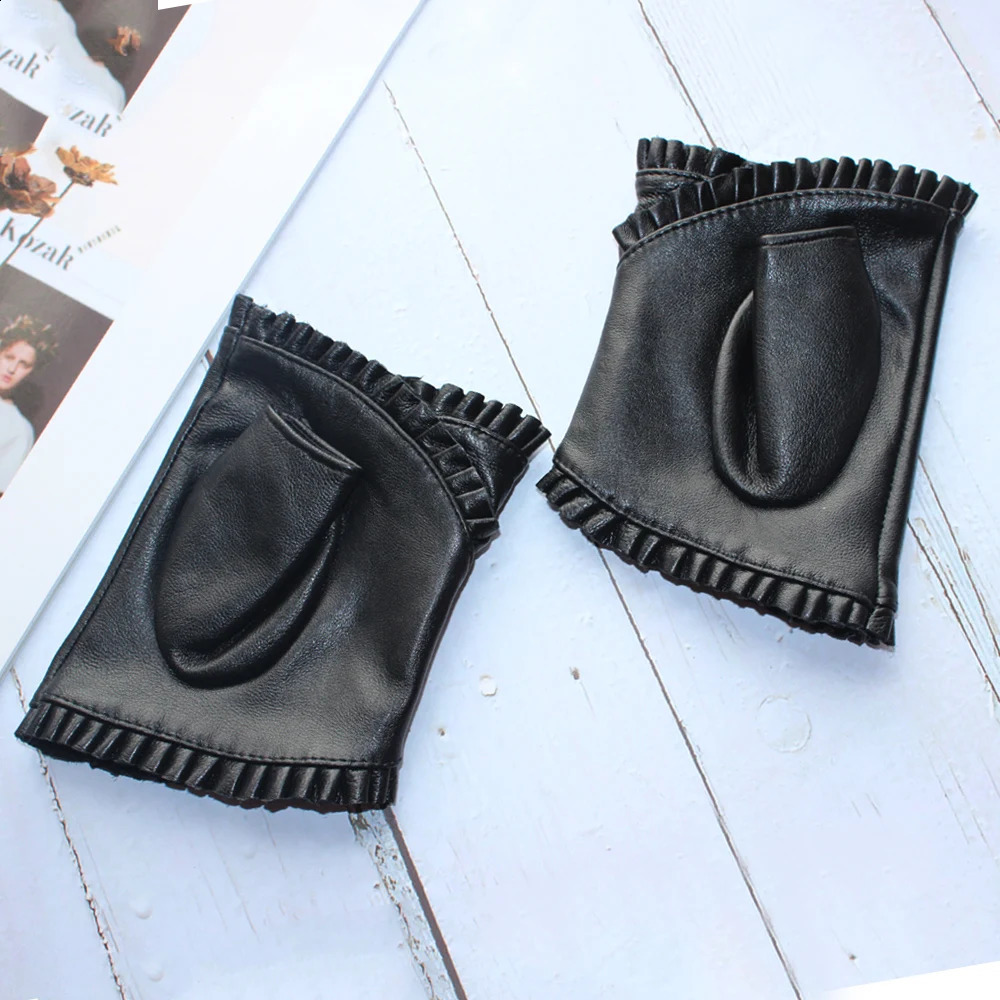 Fashion Womens Genuine Leather Sheepskin Fingerless High Quality Outdoor Driving Black Gloves Spring/Summer 241206