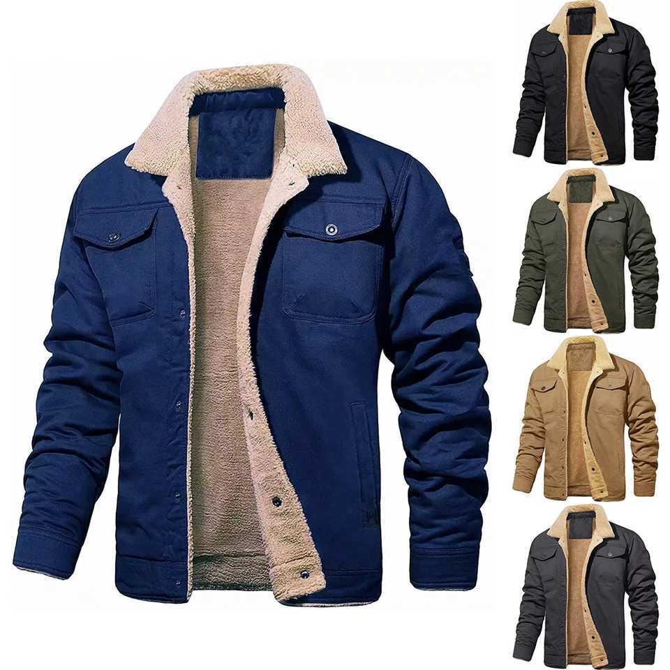 Casual Winter Coat Mens Fleece Coat Casual Outing Long Sleeve Regular Length Sherpa Collar Slight Stretch Solid ColorXJ241206