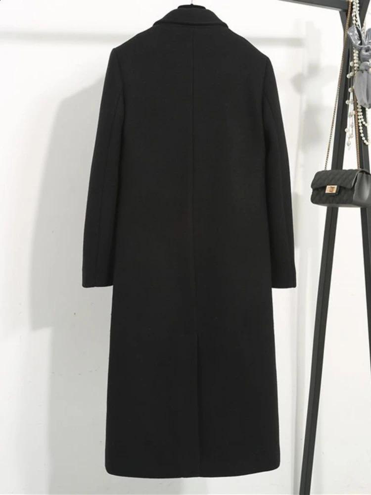 Women Blends Wool Coats Winter Black Xlong Minimalist Notched Double Breasted Thicken Elegant Temper Office Ladies British Ins 241205