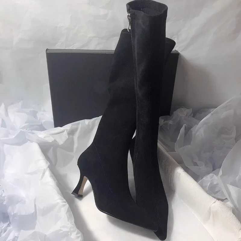 High Quality Pointed Toe Knee High Boots Sensual Thick Boots Wens Side Zipper Suede Elastic High H Modern Shoes Zapatos De Mujer T241206