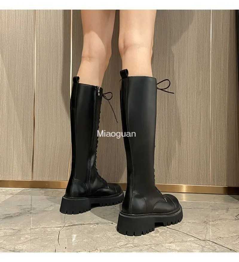 High Quality Fi Elegant Platform High Heels Lg Knight Cycling Boots Black Casual Shoes Winter Lace Upper Designer British Style T241206