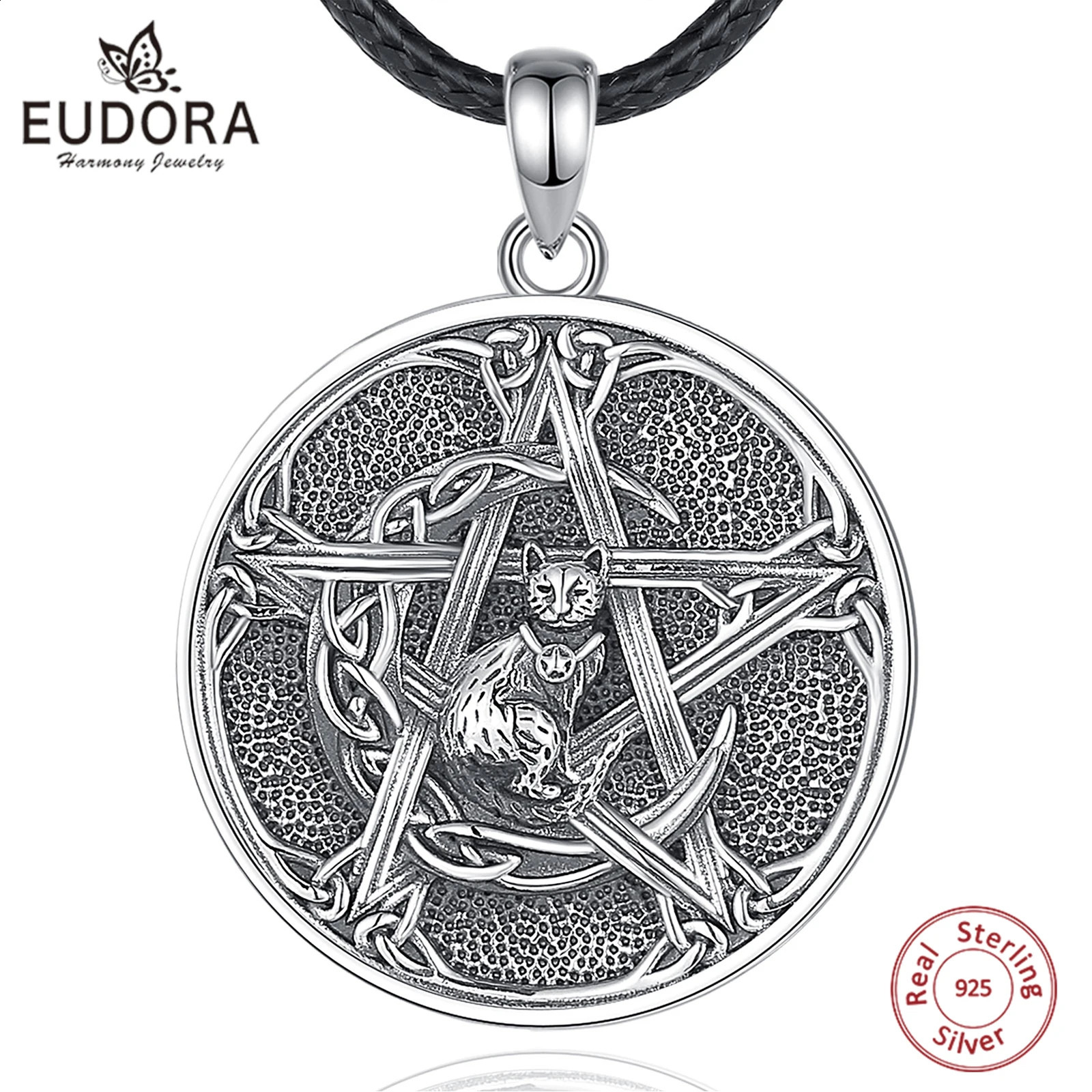 Eudora 925 sterling silver pentagonal necklace vintage witch knot cat amulet pendant witch craft jewelry party gift 241205