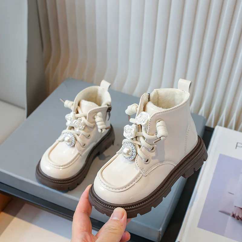 Botas Nia Kids Fashion Ankle Boots Winter Warm Plus Cotton Girls Boots Pearl Rhinestone Princess Botas Soft Sole Children ShoesXJ241206