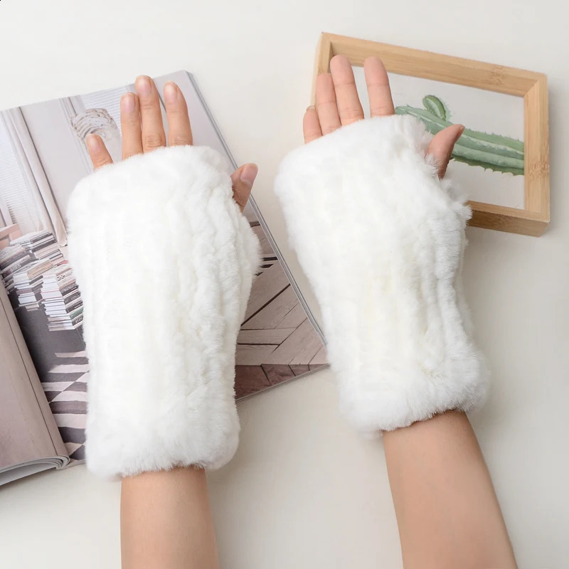 Womens 100% Genuine Knitted Rex Rabbit Fur Gloves Winter Warm Womens Genuine Fur Fingerless Gloves Hand Knitted Fur Gloves 241206