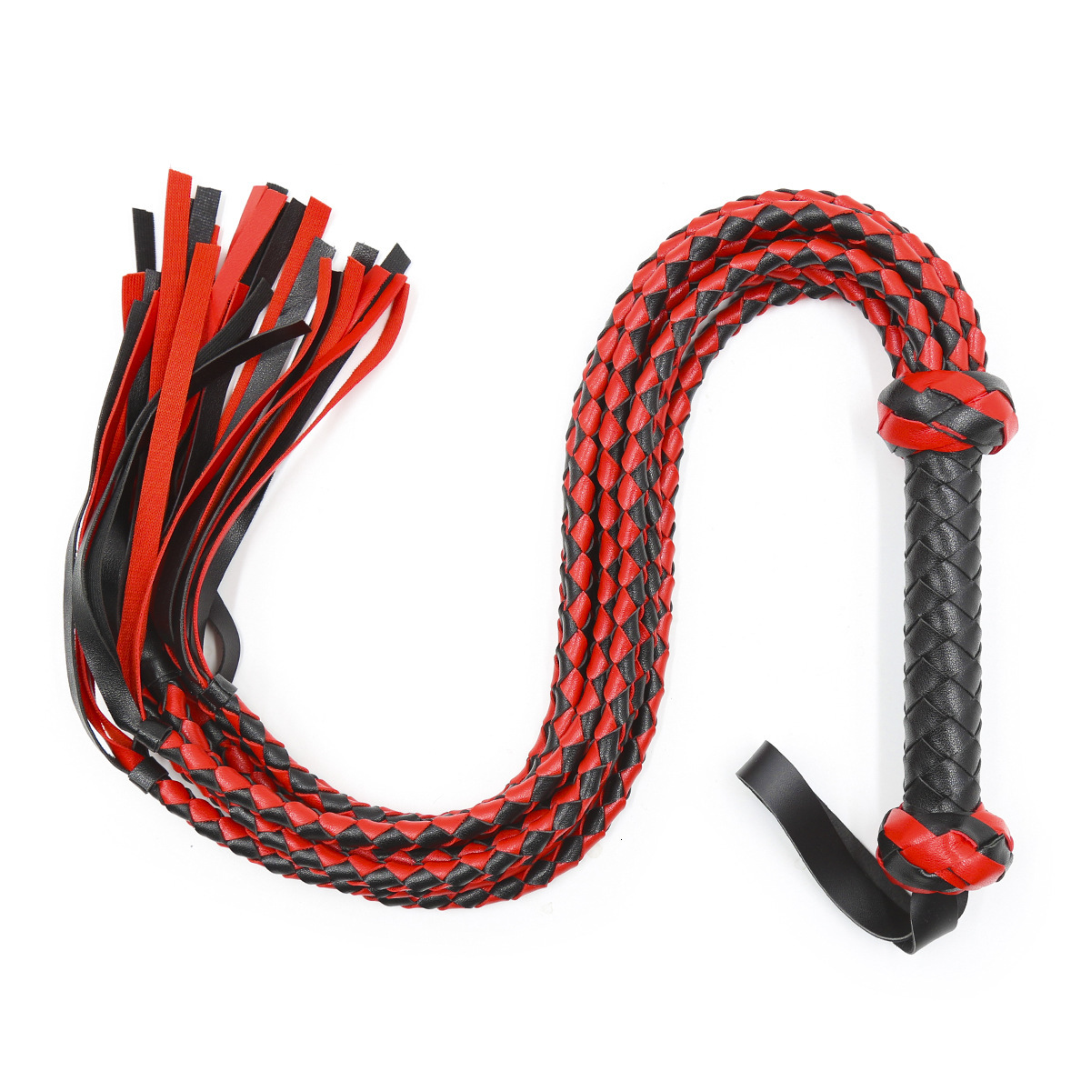 SM torture equipment wholesale, eight strands of black and red leather woven whip, multiple black and red thick handles, private sex toys