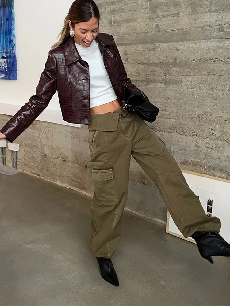 Chic Lapel Burgundy Single Breasted Litchi Leather Jacket Women Retro Solid Oversized Cropped Coat Lady Bomber Streetwear 241205