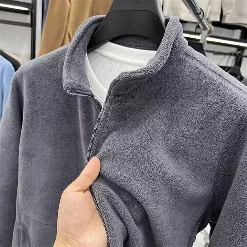 Autumn Polar Fleece Cardigan Sweatshirts Mens Stand Up Collar Zipper Jackets Y2K Vintage Solid Color Coats Basic TracksuitXJ241206