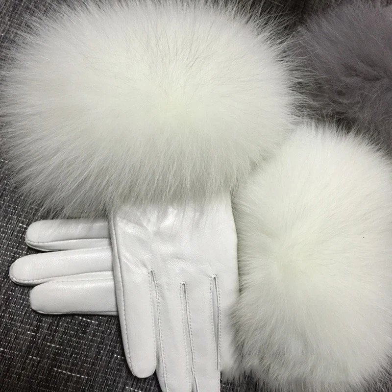 White real big fox fur womens sheepskin gloves with winter velvet chic womens outdoor windproof and warm leather gloves 241206