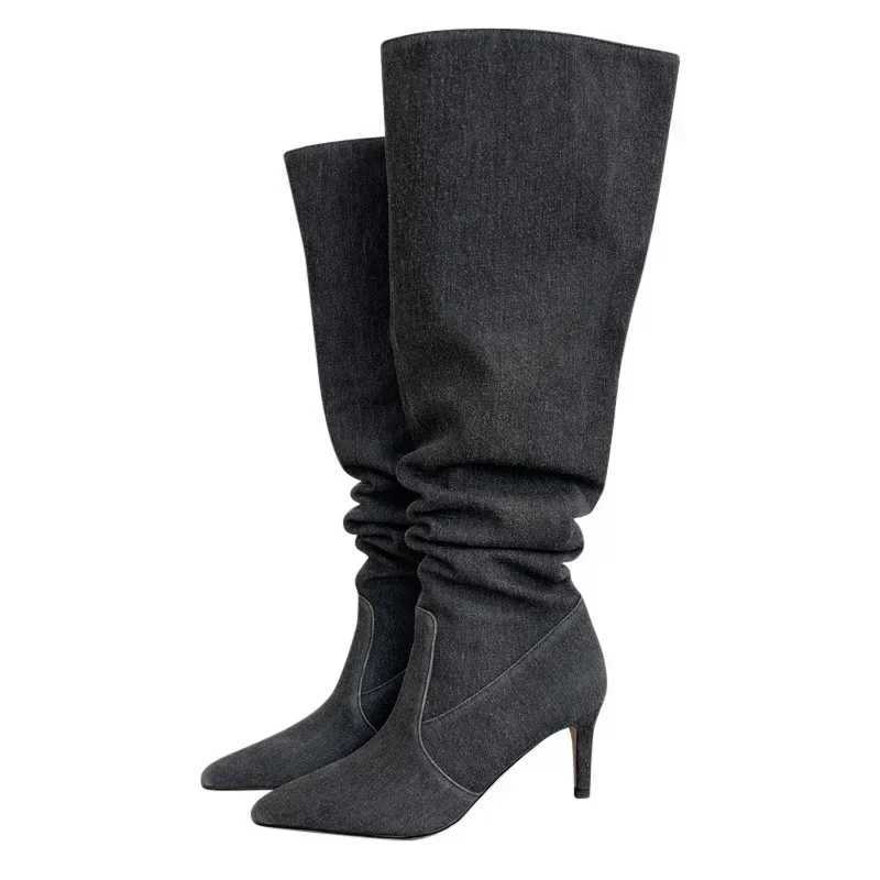 High Quality High heels Wenlg boots angular toes denim knight boots womens zippered shoes Fi high heels knee high boots T241206