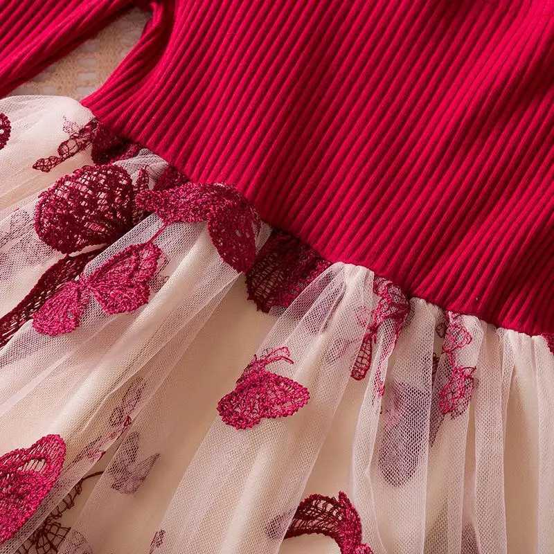 Autumn and Winter Girls New Butterfly Embroidered Mesh Long Sleeve Princess Dress Christmas Birthday Par Red DressXJ241206