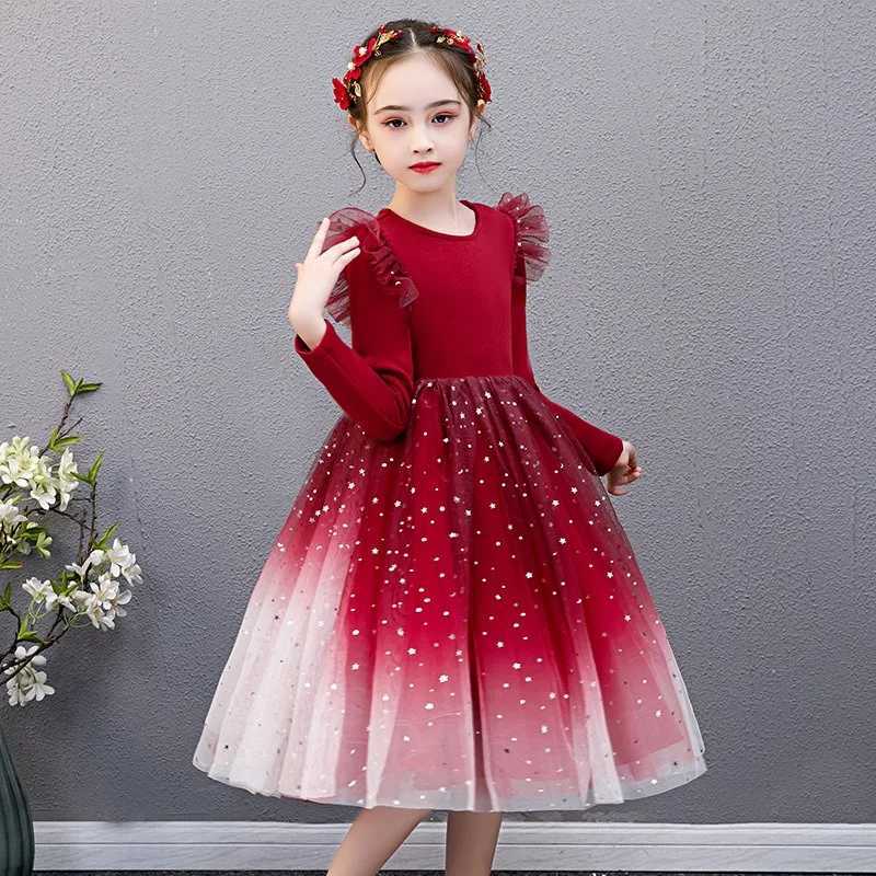 New Blue Princess Dress Baby Girls Dress Spring Autumn Kids Clothes Dress Par Long-sleeved For Children Dress Rainbow 3-10TXJ241206