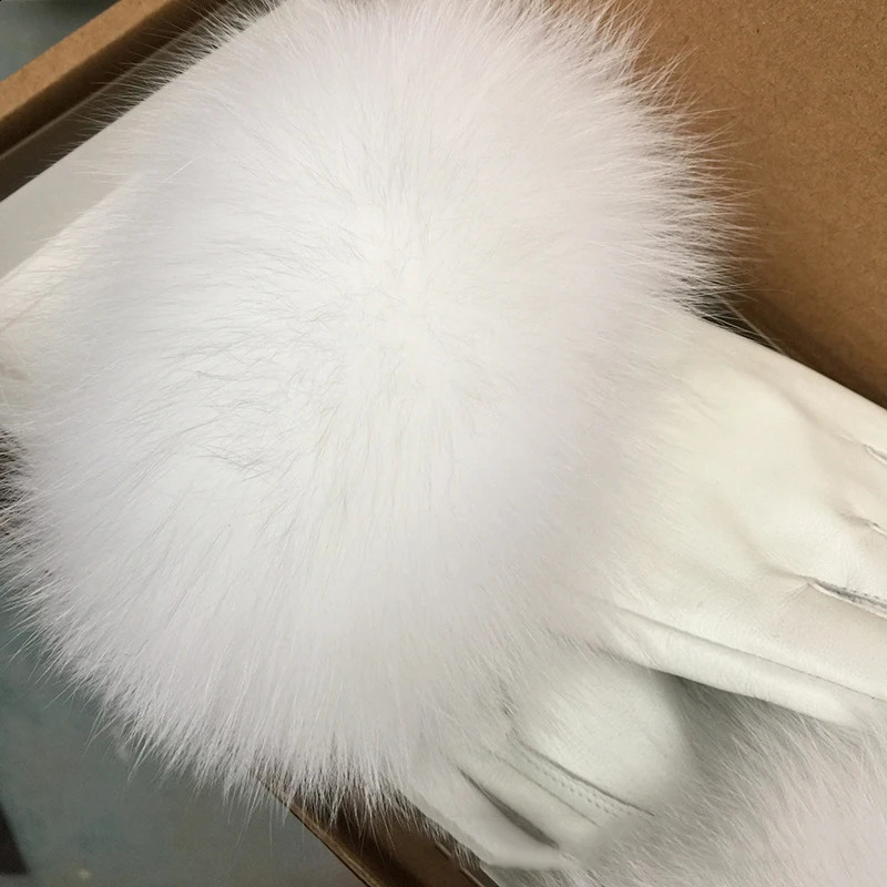 White real big fox fur womens sheepskin gloves with winter velvet chic womens outdoor windproof and warm leather gloves 241206