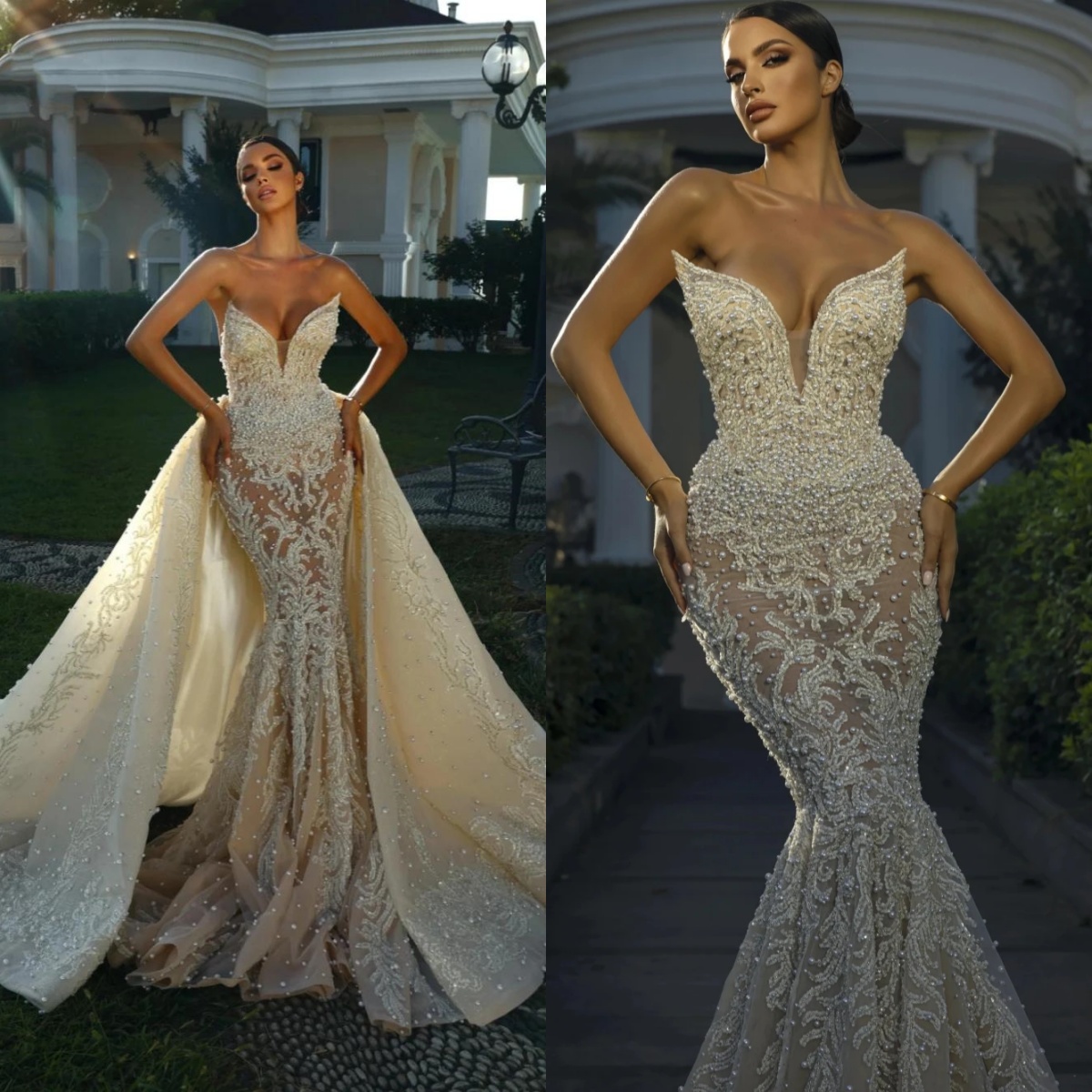 Exqusite V-neck Backless Dress Sparkly Sequins Beads Wedding Gown Pearls Mermaid Long Bride Robe Vestido De Novia