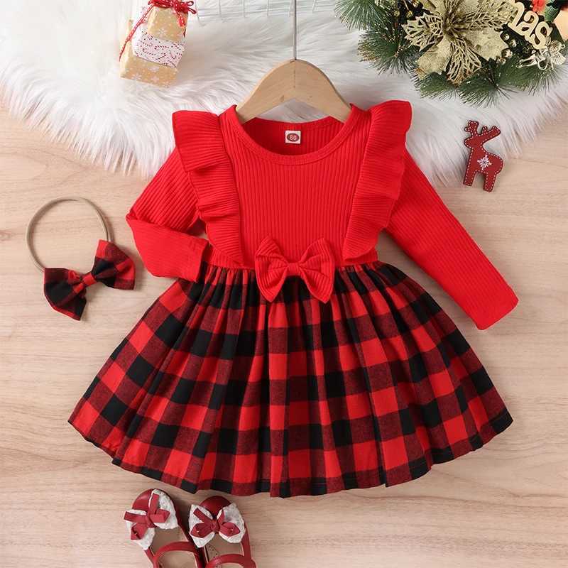 FOCUSNORM 0-5Y Toddler Kids Girls Christmas Dress 2pcs Plaid Patchwork Long Sleeve Ruffles Bow A-Line Dress with HeadbandXJ241206