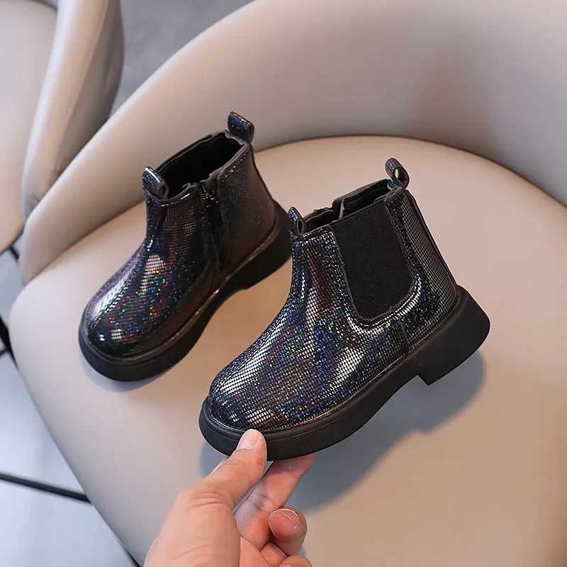 Sparkly Evening Prom Par Shoes Girls Appealing Princess Chelsea Boots for Children Glitter Lattice Low Heel Short Boots H03292XJ241206