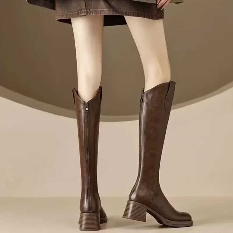High Quality Brown knee long cycling boots for women round soft leather thick heels high heels T241206