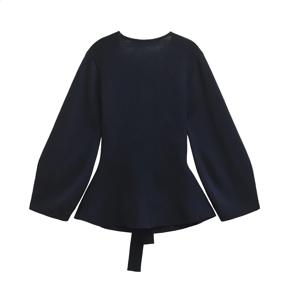 TRAF Women Fashion Shoulder Pad Belt Knit Blazer Retro Vneck Long Sleeve Versatile Female Coat 9598128 241204