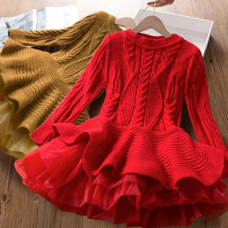 Girls Red Christmas Long Sleeve Knitting Dresses Witnter Sweate Warm Birthday Par Princess Dress Kids Festival Causal VestidosXJ241206